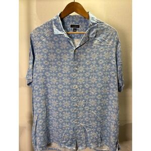 Club Room Mens XL Blue Silk Rayon Blend Geometric Tile Print Short Sleeve Shirt